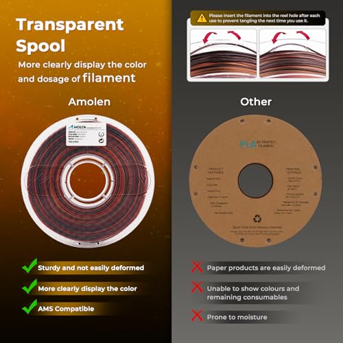 Image of AMOLEN PLA 3D Printer Filament, PLA Filament 1.75mm Silk Black Shiny Red Gold Filament, 3D Printing Filament 1KG /2.2lb