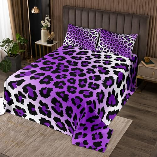 Feelyou Kids Purple Leopard Print Quilted Coverlet King Size, Cheetah Bedspread Boys Girls Animal Coverlet Set Teens Bedroom Decor with 2 Pillow Case