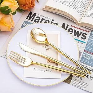 SUT 300 Pcs Gold Plastic Cutlery Gold Utensils Disposable Gold Plastic Silverware Set Include 100 Gold Plastic Forks 100 Gold Plastic Spoons 100 Gold Plastic Knives Heavy Duty Flatware for Party