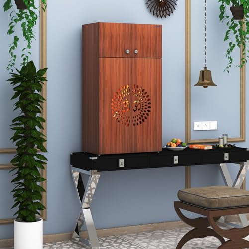 Image of Anikaa OMYA Engineered Wood Home Temple Wall Mount & Floor Standing Wooden Modern Pooja Mandir with LED Light, Om Laser Cut Design | Storage Cabinet with Hinge Doors (Walnut, DIY Installation)