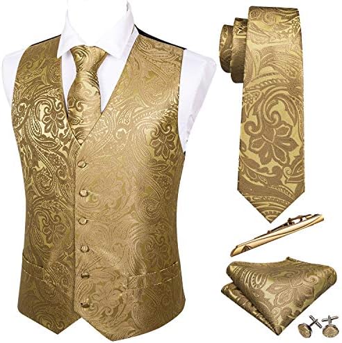 Barry.Wang Gold Flower Formal Men Dress Vest Matched Paisley Tie Set Suit Waistcoat Wedding 5PCS