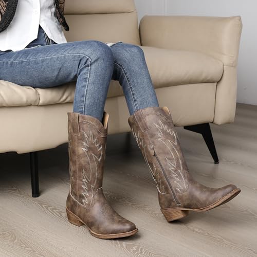 Image of GLOBALWIN Women's Square Toe Cowgirl Boots Classic Mid-Calf Cowboy Boots With Embroidered Stitching Low Heel Comfortable Western Boots For Country Outfits