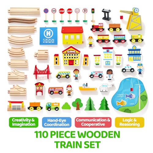 110PCS Wooden Train Set - Toy Magnetic Trains with Wooden Track Set for Kids Ages 3-8, City Scene Railway Set, Perfect Christmas Birthday Gift for Grandkids Toddlers Boys Girls