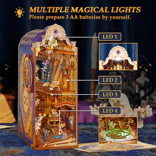 Image of Tonecheer DIY Book Nook Kit for Adults, 3D Wooden Puzzle Bookend Miniature House Kit, Booknook Bookshelf Insert Decor with Dust Cover and LED Lights Gifts (Magical Library)