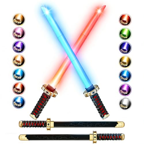 NETSEN 2-Pack Rechargeable Light Up Swords for Kids 15 Colors Light & Sound FX Retractable LED Toy Light Sword Sabers with Sheath for Boys & Girls Samurai Katana Theme Party