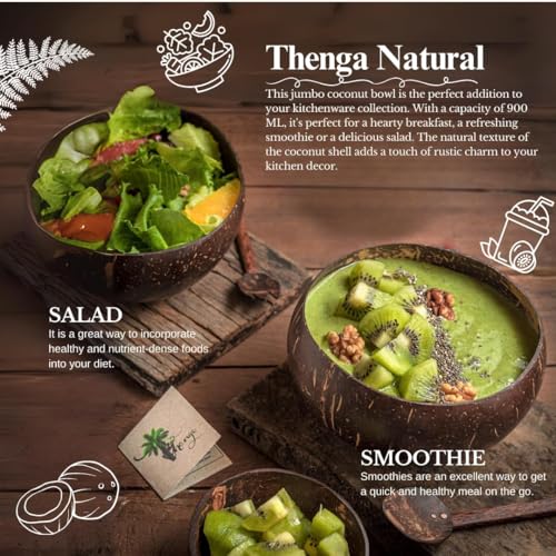 Image of Thenga Jumbo Coconut Shell Bowl - 900 ML | Eco-Friendly Handmade Dish with Coconut Wood Spoon for Smoothie, Salad, Breakfast & More | Natural Artisan Tableware - 20 Bowl + 20 Spoon