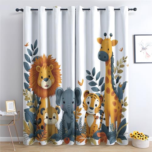 Generisch Tiger Löwe Giraffe Vorhang, Wohnzimmer Schlafzimmer Blickdichte vorhänge, Dschungel Tier Gardinen, mit Ösen Verdunkelungsvorhang, Vorhänge 2er Set, 150x166 cm 7YsU-156
