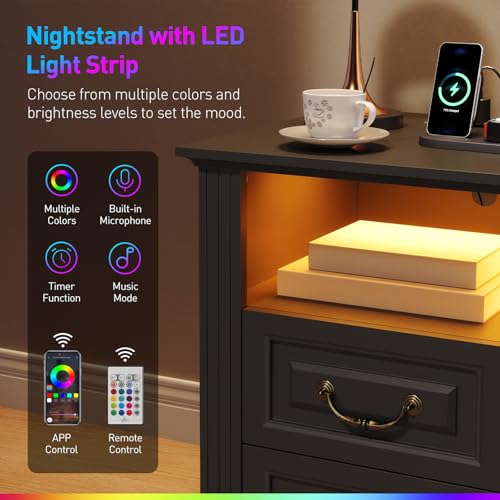 Image of RALGEND Farmhouse End Table with 2 Drawers, Nightstand with Charging Station, End Tables Living Room with LED Lights, Bedside Table for Bedroom, Living Room, Black