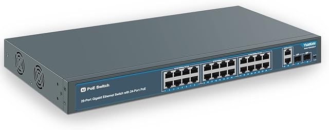 YuanLey 28 Port Gigabit PoE Switch with 24 Port PoE+@400W, 2 Gigabit Uplink Port, 2 SFP, Sturdy Metal for Desktop/Rack Mount, AI Watchdog, VLAN , Plug and Play, Unmanaged