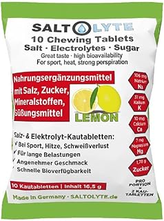 SALTOLYTE 10 Chewing Tablets Lemon in Sachet, Salt and Electrolyte Chewable Tablets with Sodium, Magnesium, Potassium, Calcium - Lemon Flavour