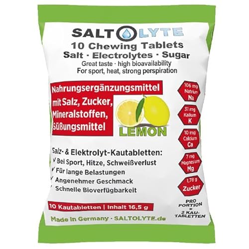 SALTOLYTE 10 Chewing Tablets Lemon in Sachet, Salt and Electrolyte Chewable Tablets with Sodium, Magnesium, Potassium, Calcium - Lemon Flavour