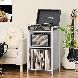 YAHARBO Support de tourne-disque à 3 étagères avec rangement, support de disque vinyle blanc, support vintage pouvant contenir jusqu'à 100 albums, table de disques avec poignée pour salon, chambre à – Image 6