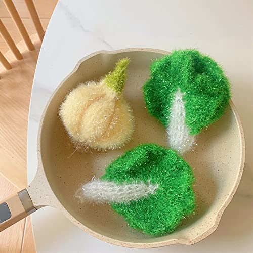 Image of Garlic and Vegetables Shaped Acrylic Dish Scrubbers, Hand Crochet Non-Scratch Dish Scrubber, Fast Dry, No-Odor Cleaning Sponge