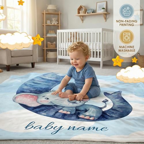 Image of Personalized Baby Blanket with Name, Custom Name Blanket for Kids Soft Flanne Blankets in Easter Personalized Baby Gifts for Infant Newborn Shower (Elephant)
