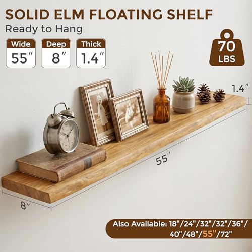 Image of Dreamland 55 Inch Floating Shelves for Wall, Solid Elm Wood Live Edge Wall Shelves for Living Room, Bedroom, Kitchen, Bathroom, Wall Mounted Long Floating Shelf Set of 1, Natural