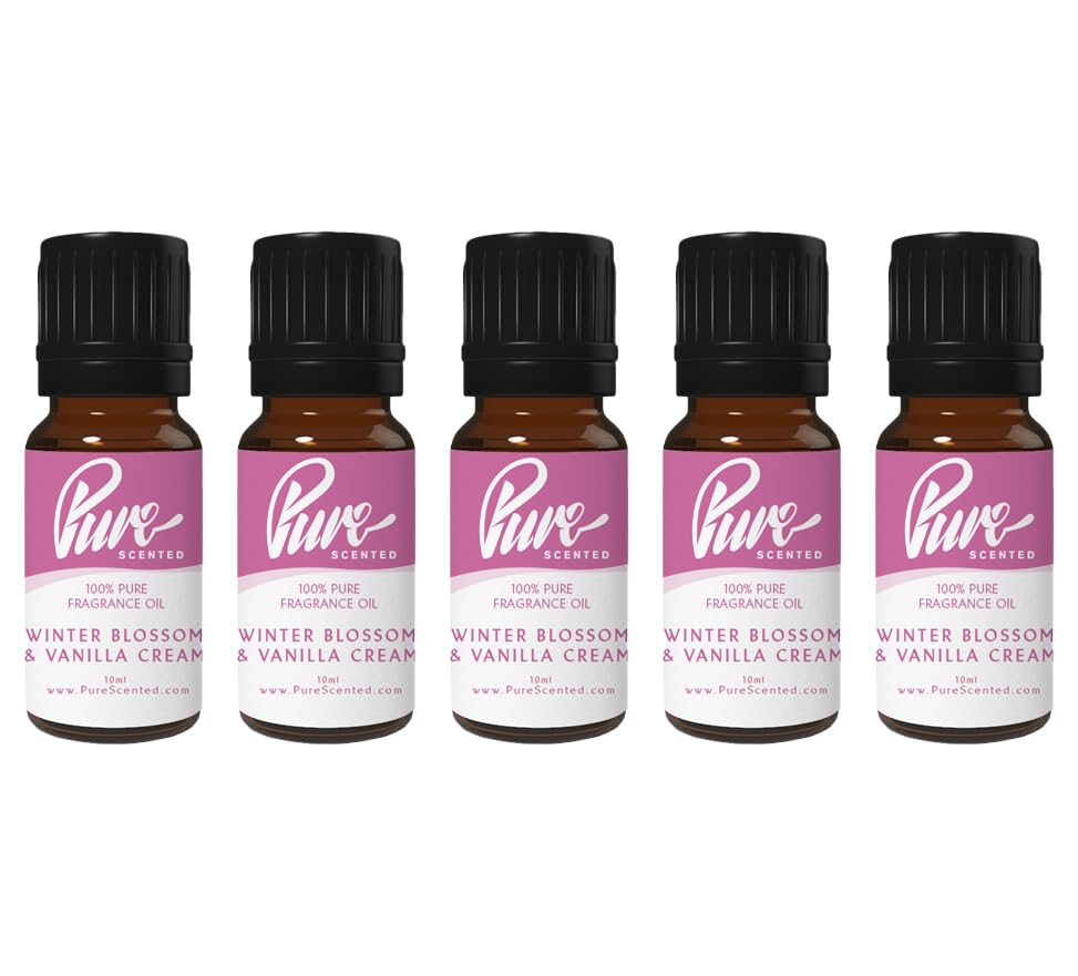 Pure Scented 50ml Fragrance Oils - 5 x 10ml Suitable for Candles, Soaps, Slime, Diffusers, Cosmetics, Wax Melts, Designer (5 x 10ml, Winter Blossoms & Vanilla Cream)