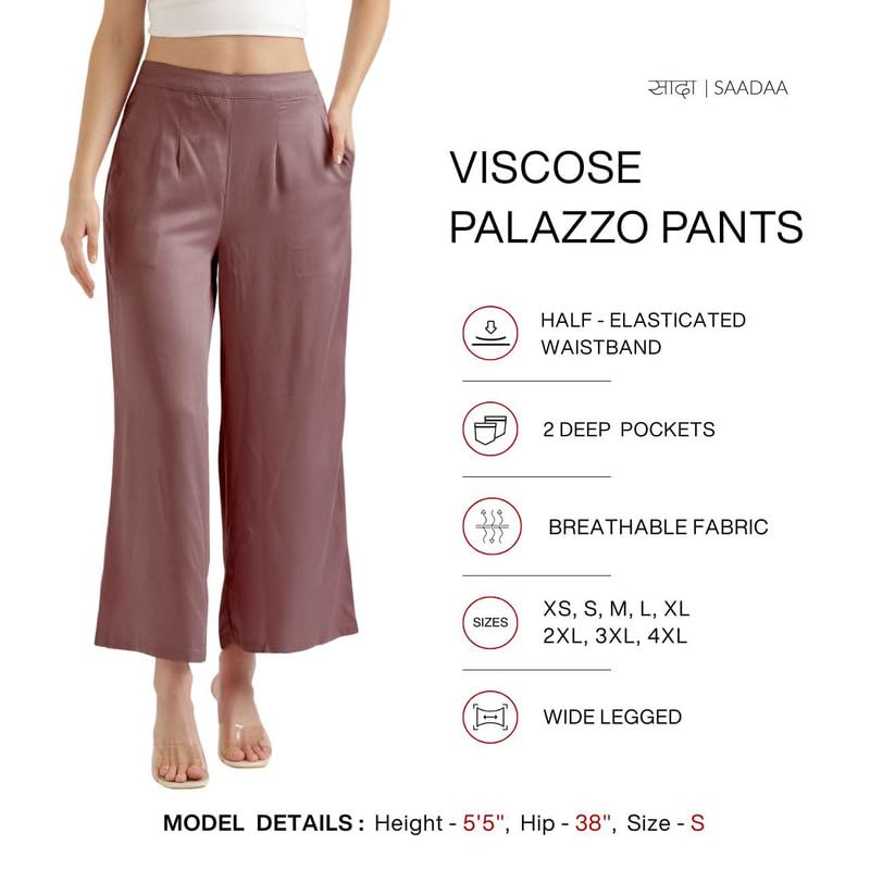 Image of SAADAA Palazzo Pants for Women Half-Elasticated Waistband | Palazzo for Women in Soft Viscose Fabric | Regular Fit with Mid Rise Waist & Deep Pockets | Versatile for Formal & Casual Wear
