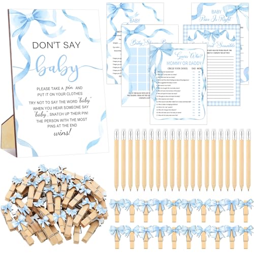 Image of Patelai 321 Pcs Blue Bow Baby Shower Games Supply for Boy 5 Set Include 250 Activity Cards 20 Pencils 1 Don't Say Baby Sign 50 Clothespins for Price is Right Prediction Bingo Game Party Decor