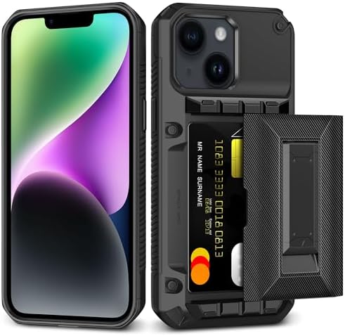 SAMONPOW for iPhone 14 Case Wallet with Card Holder [4 Cards] & Stand & Military-Grade Drop Protection Heavy Duty Shockproof Hidden Card Slot Wallet Phone Case for iPhone 14 for Women Men, Black