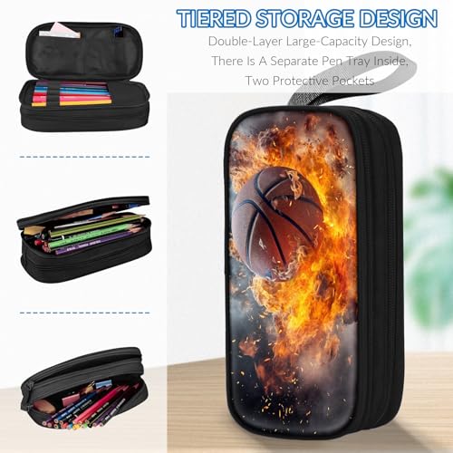 Image of TILYTADLY Large Pencil Case for Boys - Basketball Boys Pencil Pouch with Zipper Compartments - Big Capacity Pen Box Pen Bag Organizer with Keychain for Kids Teens School