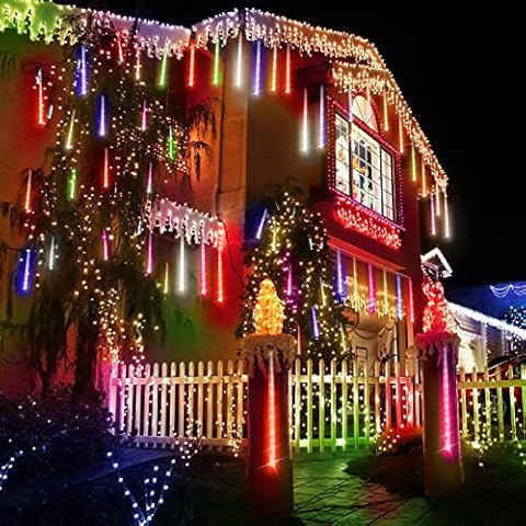 LED Meteor Shower Rain Lights 30cm 8 Tubes 192 LEDs Waterproof Meteor Lights,Hanging Falling Rain Lights for Christmas Halloween Holiday Party Patio Outdoor, Multicolor, 23195 Cover