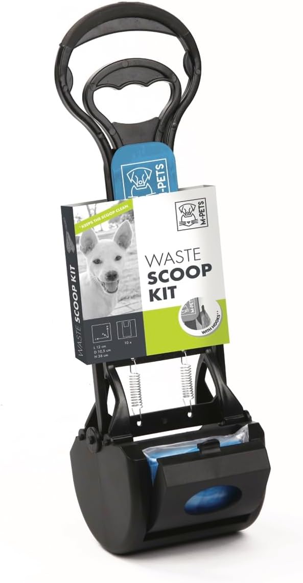 Waste Poop Scoop Kit for Dogs, Mess-Free, One-Handed Spring Action Pick-Up, Strong Portable Dog Poop Picker, With Waste Bag Compartment, Includes 10 Waste Bags with Handles, Black