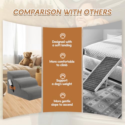 Romrol Dog Stairs Ramp for Beds Couches, 15.7” H 33D Extra Wide Pet Steps with Durable Non-Slip Waterproof Fabric Cover, Dog Slope Stairs for Small Dogs and Cats or Pets Friendly, 3-Tiers, Grey - Image 6