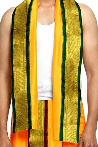 Image of Rameshwaram Fabrics Readymade Dhoti for Men, Velcro Style Stitched Mens Silk Dhoti Pant with Stole Set