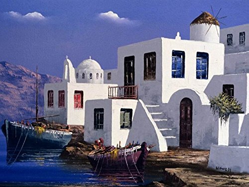 Greece Boats Greek Santorini 24" x 36 " Canvas Print 28 x 40 0ver All Size