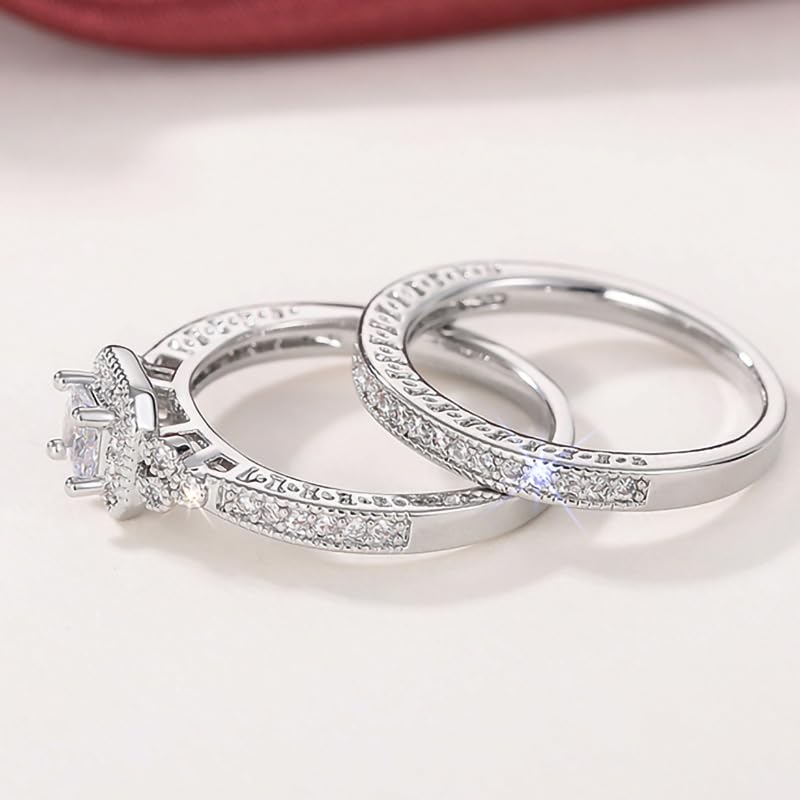 2PCS 925 Plated Silver Bridal Rings Sets Square Cut Cubic Zirconia Halo CZ Engagements Rings Wedding Bands for Women Promise Rings for her Size 8#3