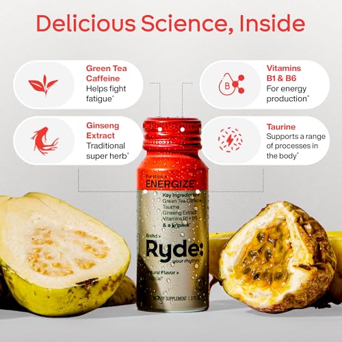 Image of Ryde: Energy Shot, 0 Calories, 0 Sugar, Green Tea Caffeine, Taurine, Ginseng Extract & B Vitamins,2 FL OZ Shots, Tropical Flavor, Boosts energy (24 Pack)