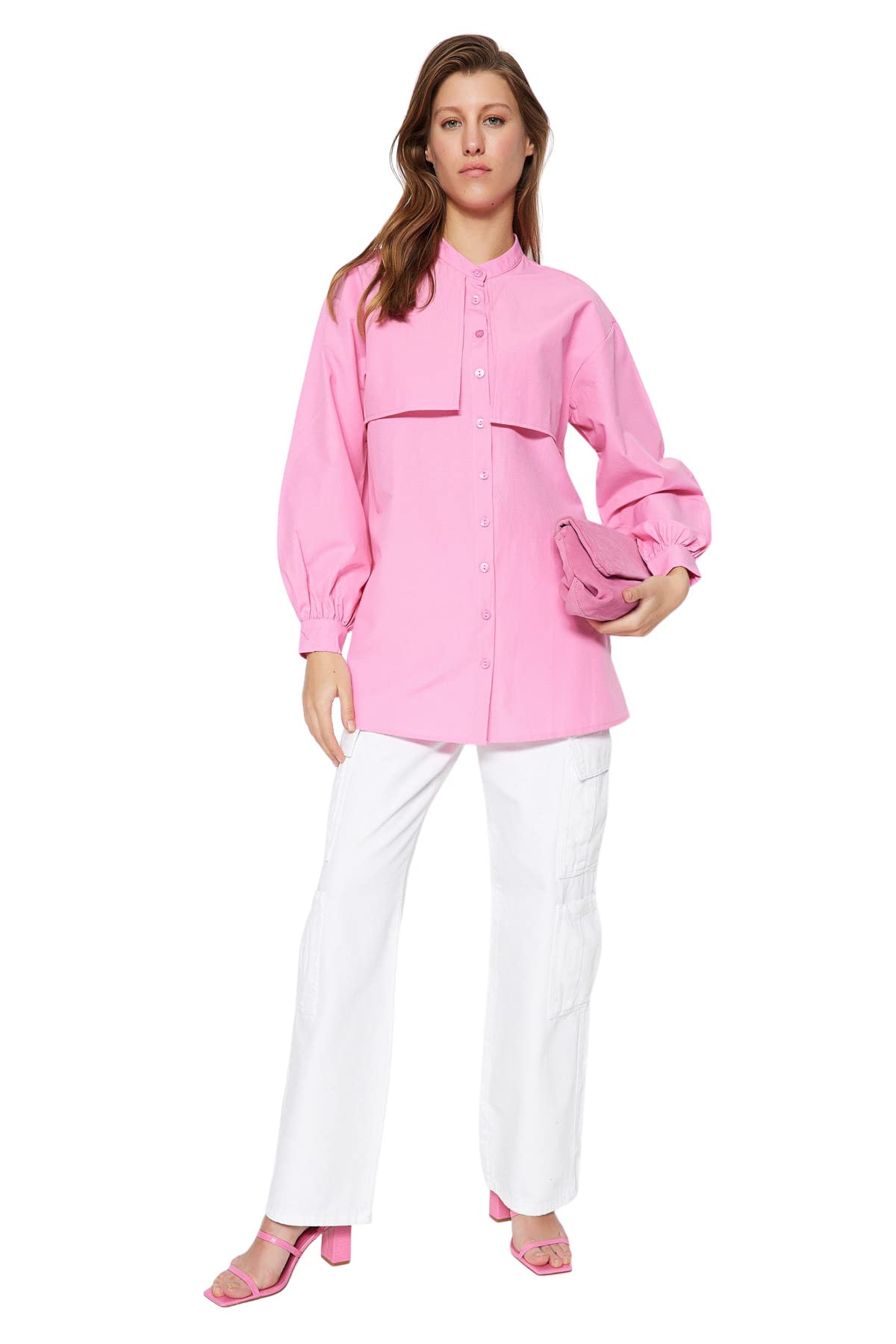 Trendyol Damen Rosa Gerade Lange Ärmel Entspannt Hijab-Shirt