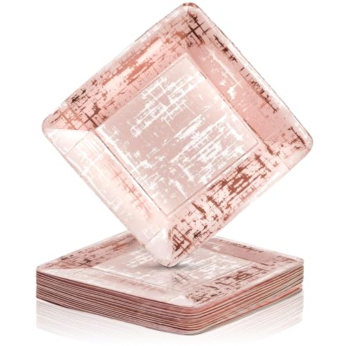 Silver Spoons Elegant Rose Gold Square Disposable Paper Plates with Metallic Abstract Design - 7 (Pack of 18) - Perfect for Birthdays Parties & Rose Gold-Themed Events