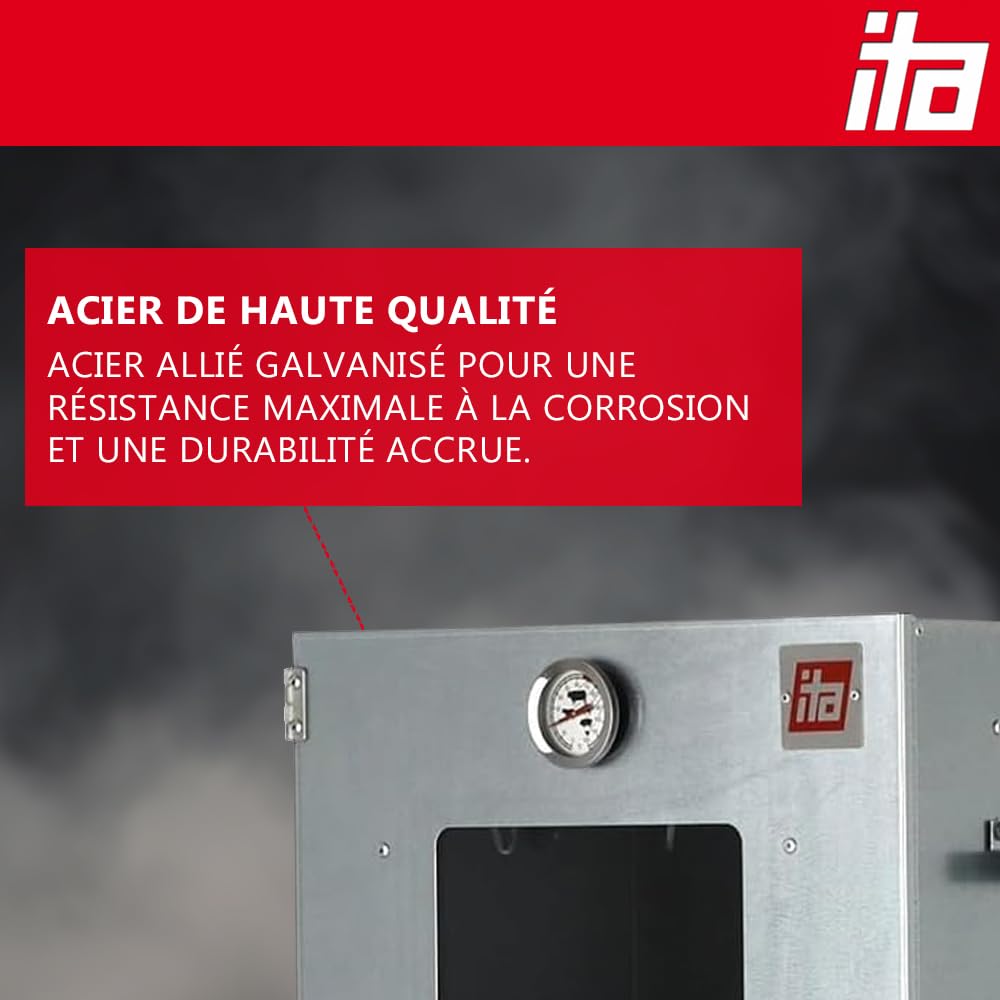 ITA Fumoir 7000 81x28x40 cm avec fenêtre - Four à fumer professionnel avec thermomètre & accessoires - Métal galvanisé, Anticorrosif, Durable - Cabinet de fumage pour viande, poisson, fromage