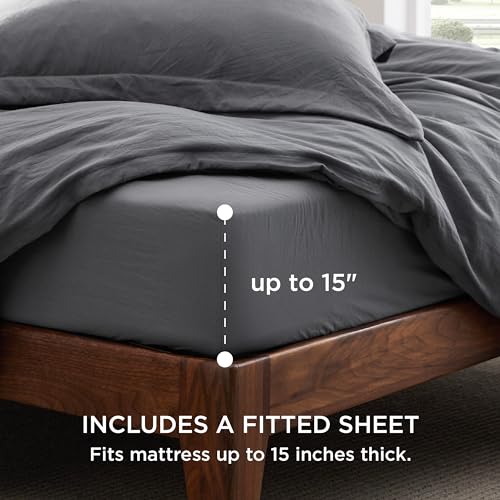 Image of Bedsure Duvet Cover King Size with Fitted Sheet - 4 Pieces Prewashed Cotton-Like Extra Soft Bedding Set, Includes 1 Duvet Cover 104x90 Inches, 2 Pillow Shams, 1 Fitted Sheet, Dark Grey