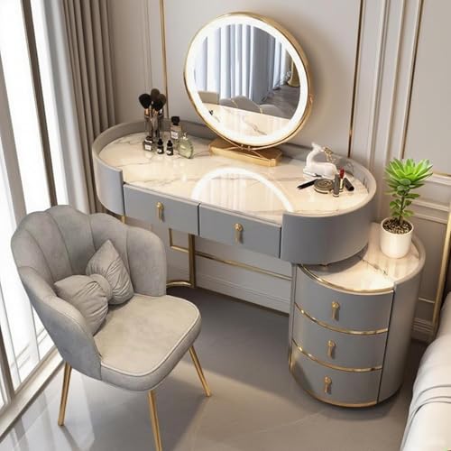 Vofikoli Tocador con iluminación y silla, mesa de maquillaje con espejo inteligente tricolor, mesa de cosméticos con 5 cajones, mesa de maquillaje para dormitorio moderno (Gris, 100CM)