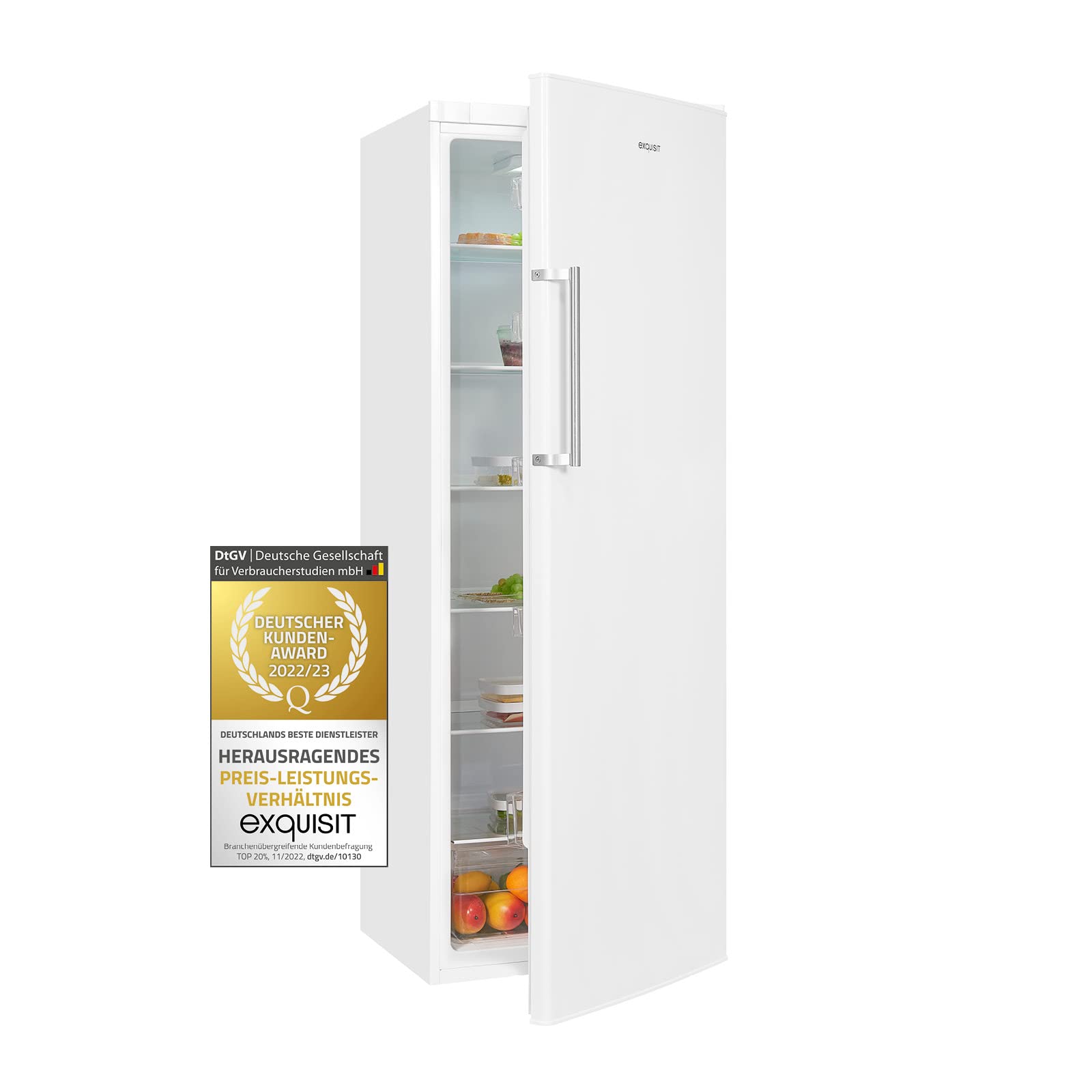 Exquisit Frigorífico Vertical, 331L, Clase E, Color Blanco, 1 Puerta, Tiradores Externos, Estantes de Cristal, Cajón Verdulero, Luz Interna por LED, Consumo 114 kWh/año, Medidas 173x60x60 Cm.