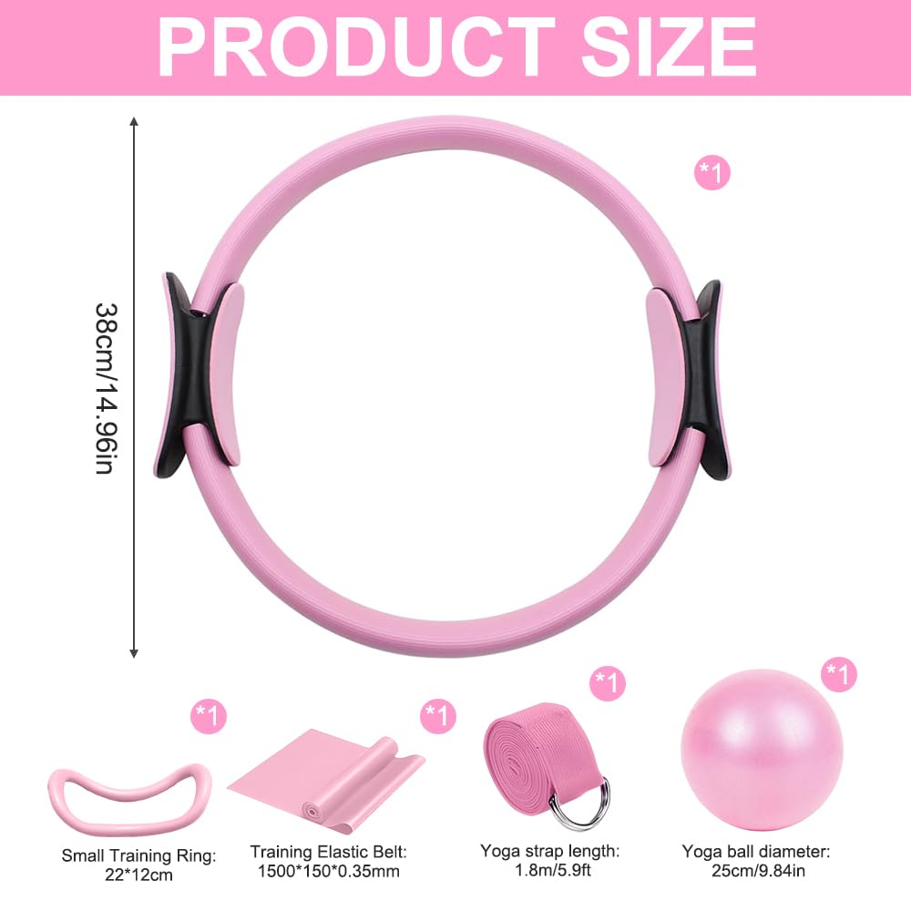 Pilates Ring Set, 5 Stück Pilates Set mit Yoga-Ring, Yoga-Ball, Widerstandsband und Hilfsgurt, Pilates Essential Kit für Heimtraining und Studio-Workout