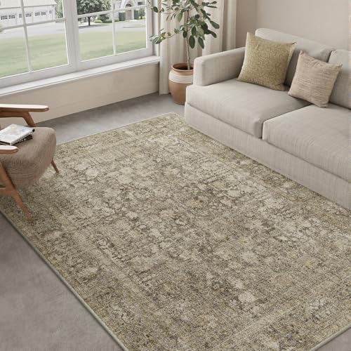 Brown Area Rug 5x7 Machine Washable Vintage Living Room Distressed Non Slip Carpet Traditional Indoor Bedroom Retro Floral Accent Throw Large Rug Office Kitchen Bathroom Dining Room