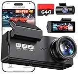 Dash Cam Front and Rear Camera,4K+4k Dual Channel Dashcam,20MB/s Built-in WiFi 6 Car Camera with Night Vision, G-Sensor, 24H Parking Mode, Loop Recording 64 GB Card Included