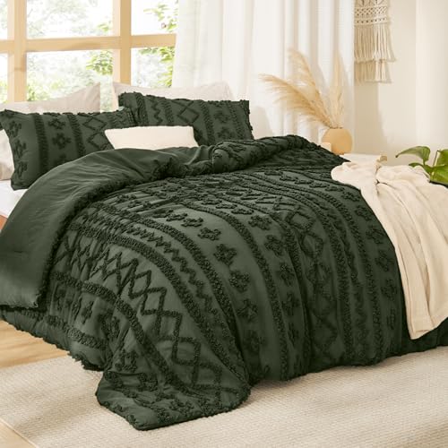 Bedsure Tufted Boho Comforter Set Twin Size - Olive Green Boho Bed Set, GentleSoft™ 2 Pieces Farmhouse Shabby Chic Embroidery Bedding, Gifts for Woman, Soft Jacquard Twin Comforter for All Seasons
