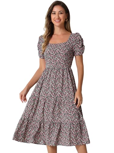 Image of Allegra K Women's Floral Dresses Square Neck Puff Short Sleeves Tiered Ruffled Hem Dress X-Small Black