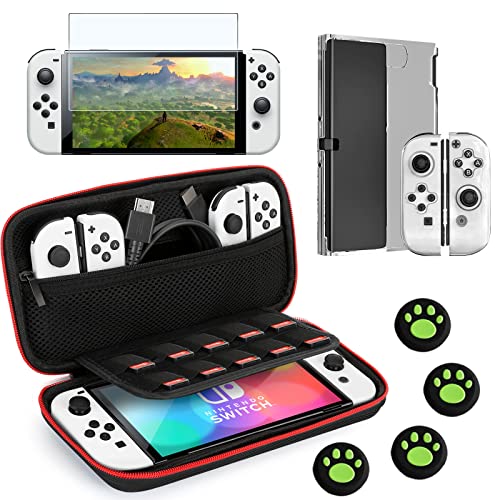 Étui pour Switch OLED,AKNES Housse de Transport Rigide Protection Rangement Portable Sac Protection Case avec Verre Trempé,Coque,Capuchon de Joystick pour Switch Modèle OLED,sans Odeur Cover