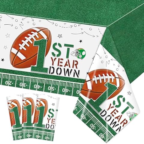 Lianxuia 3Pcs Football Tablecloth, 54 x 108 Inch First Year Down Plastic Table Cloth, Disposable Touchdown Table Cover for Super Bowl, Boys 1st Birthday, Football Party Decorations Cover