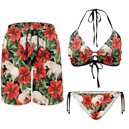 Couples Matching Swimsuits Hawaiian Women's Bikini Sets with Men's Swim Trunks