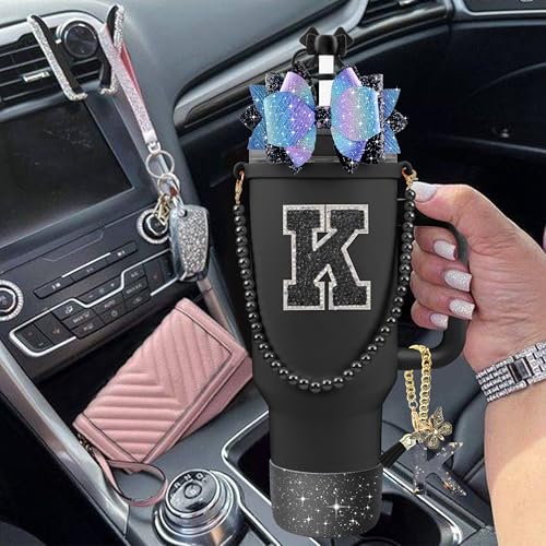 Hpebl 9PCS Black for Stanley Cup Accessories Set Bling Initials Bow Charms for Stanley Decorations 30/40 Oz Tumbler Accessories Including Bow Straw Topper, Handle Strap, Spill Stopper（Letter K） - image 6