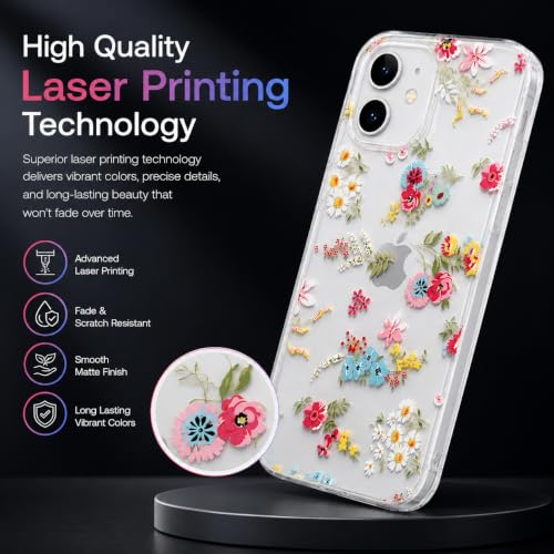 Image of SQUIF for iPhone 12 Back Case Cover Soft Silicone Translucent Matte Floral Printed Camera Protection (White)