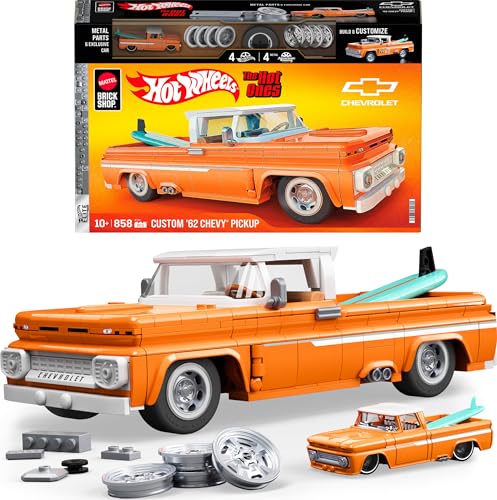 Image of Mattel Brick Shop Hot Wheels Elite Series Construction Kit, Custom '62 Chevy Pickup with 858 Pieces, Realistic Details and Individual Stickers, for Collectors and Children from 10 Years, JFT20