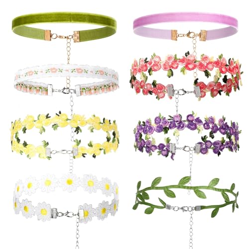 VelvetGlow 8er Set Choker para Mujeres y Niñas, Juego de Collar de Terciopelo y Encaje Negro, Estilo Gótico Punk Clásico con Colgantes de Flores y Hojas, Collar Ajustable para Fiesta