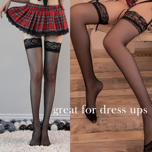 Image of Women's sexy Anti-Slip Silicone thigh high stockings, Lace Top Stockings For Women, Lingerie Sheer Silicone Stay Up Sexy Silky
